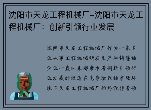 沈阳市天龙工程机械厂-沈阳市天龙工程机械厂：创新引领行业发展